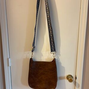 Brown Leather Like Crossbody Bag with Patterned Strap